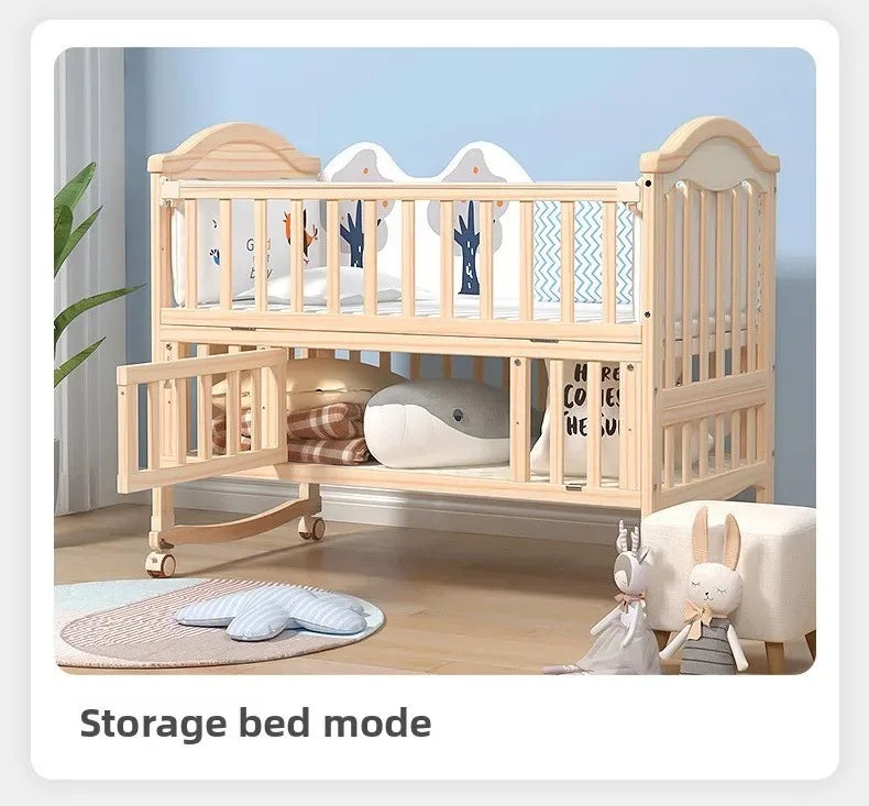 Solid Wood Baby Crib with Mosquito Net & Wheels