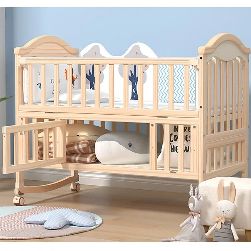 Solid Wood Baby Crib with Mosquito Net & Wheels
