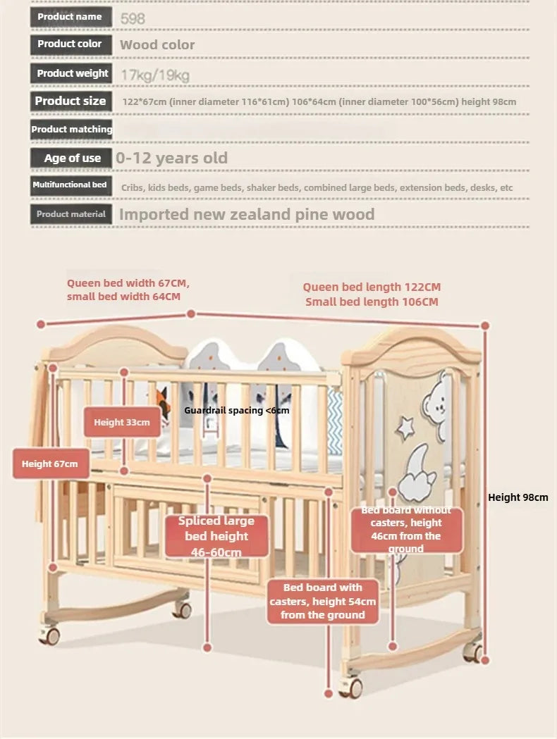 Solid Wood Baby Crib with Mosquito Net & Wheels