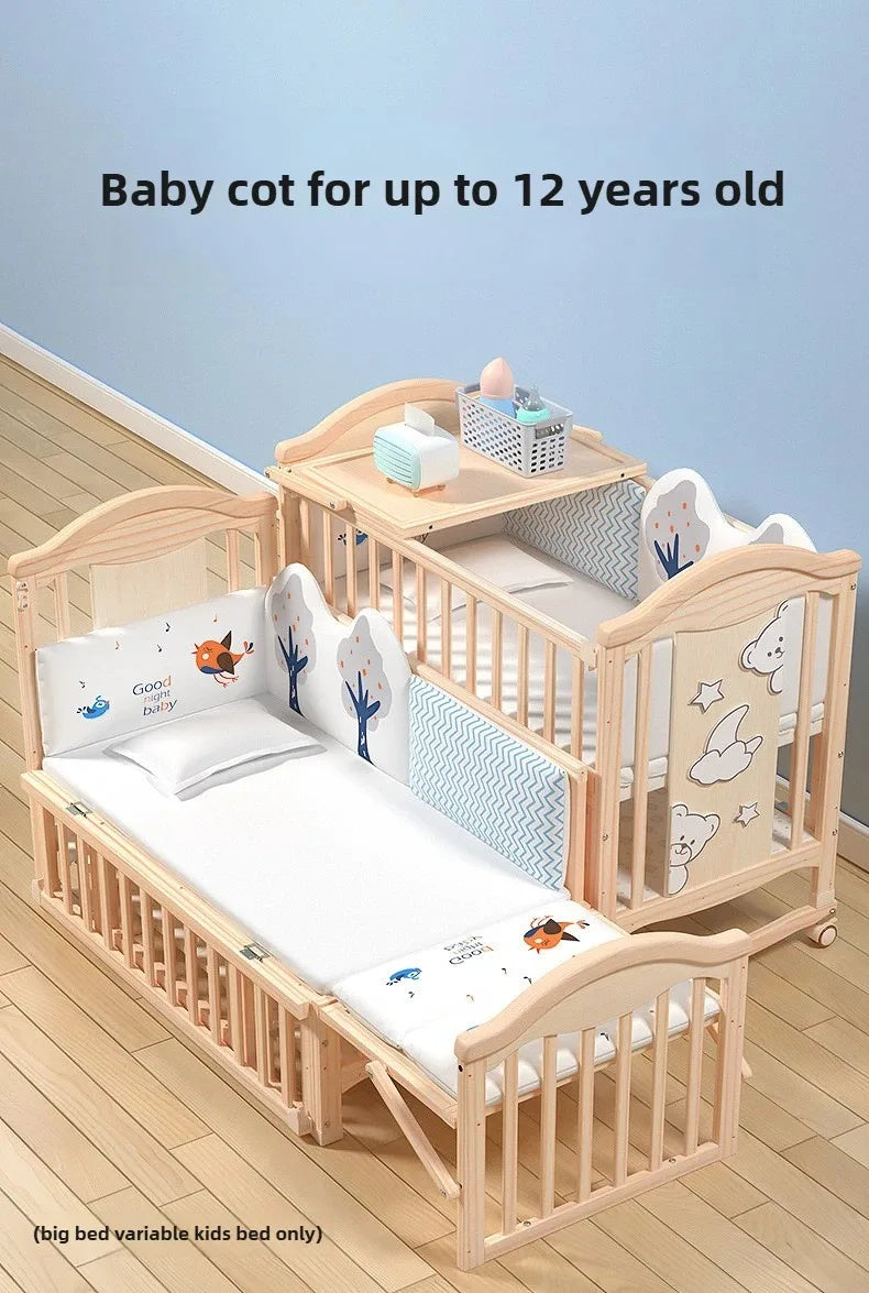 Solid Wood Baby Crib with Mosquito Net & Wheels