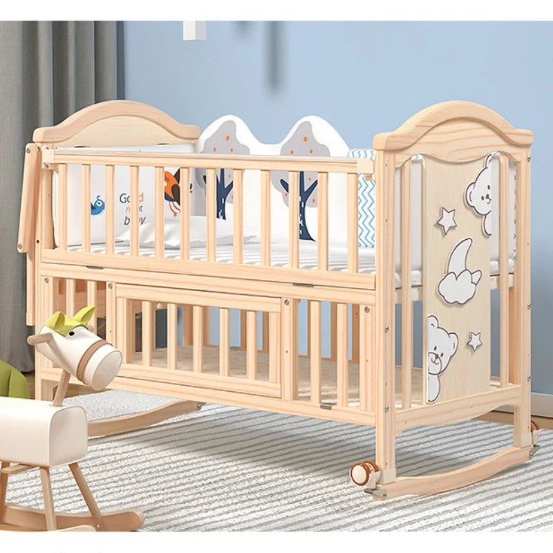 Solid Wood Baby Crib with Mosquito Net & Wheels