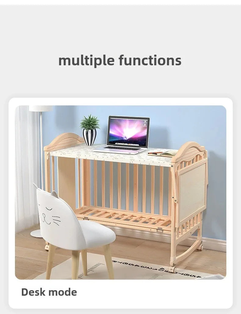 Solid Wood Baby Crib with Mosquito Net & Wheels