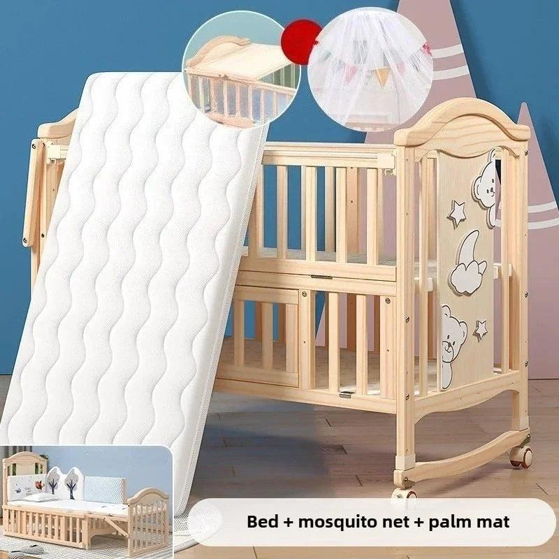 Solid Wood Baby Crib with Mosquito Net & Wheels