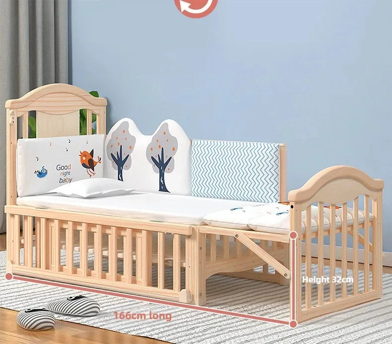 Solid Wood Baby Crib with Mosquito Net & Wheels