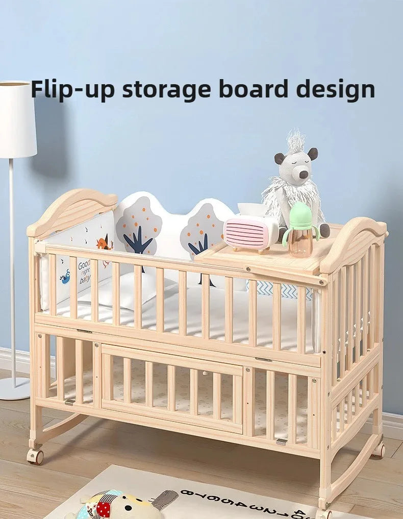 Solid Wood Baby Crib with Mosquito Net & Wheels