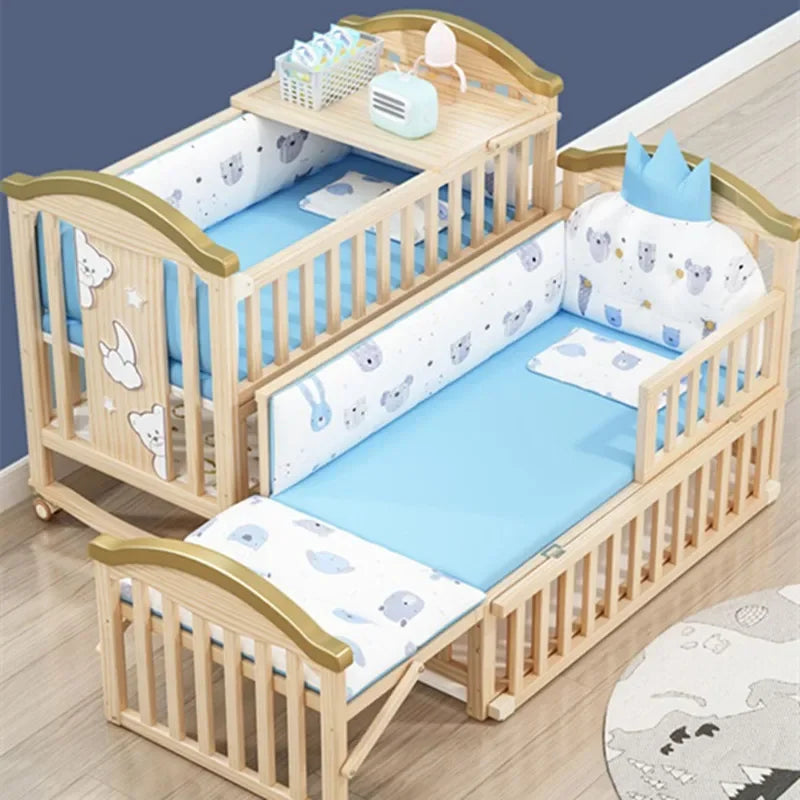 Solid Wood Baby Crib with Mosquito Net & Wheels