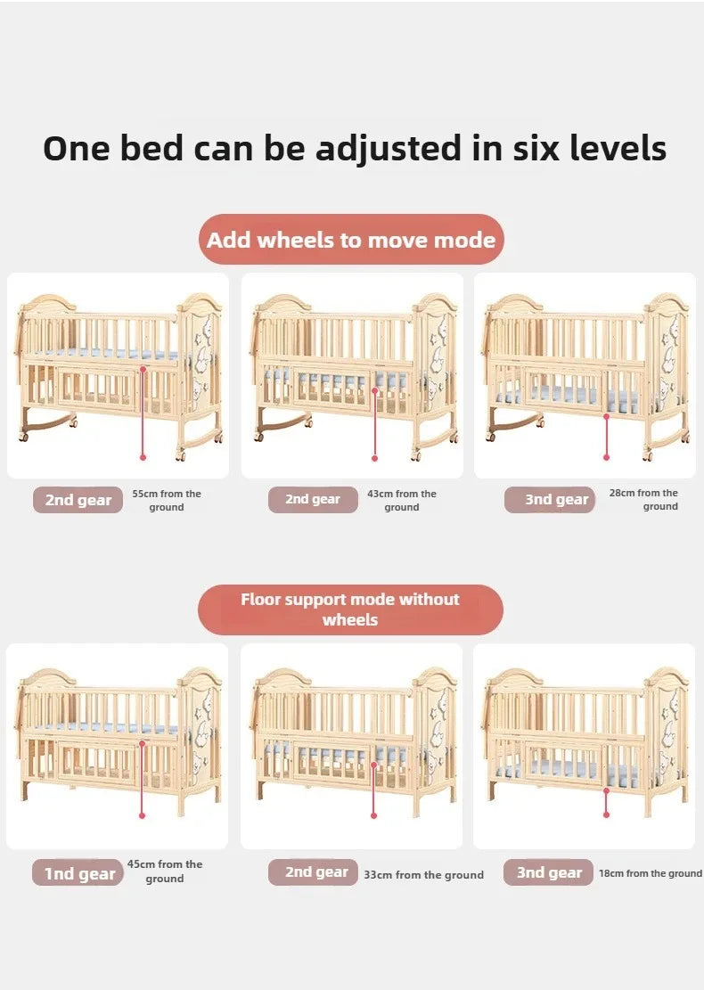 Solid Wood Baby Crib with Mosquito Net & Wheels