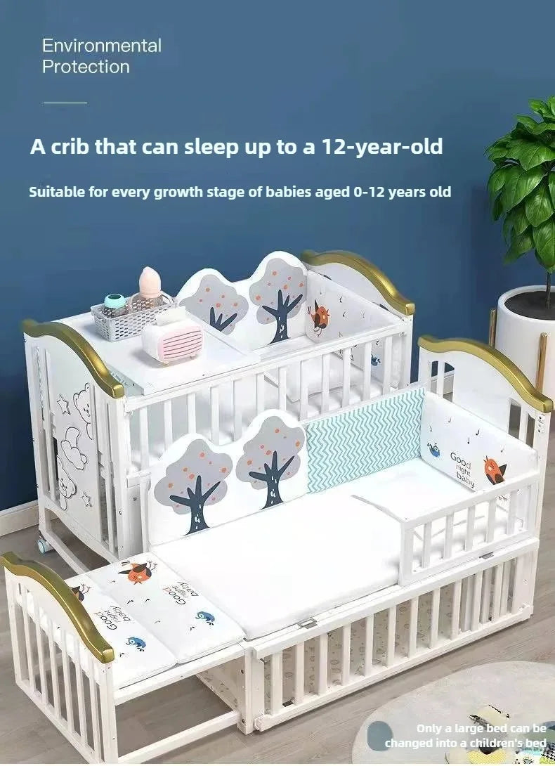 Solid Wood Baby Crib with Mosquito Net & Wheels