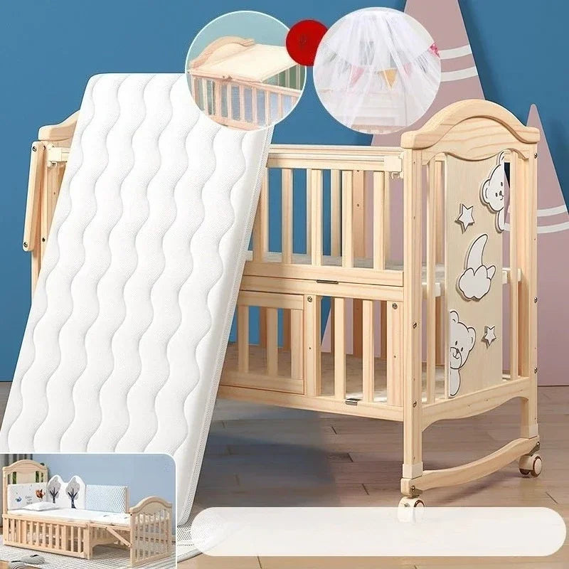 Solid Wood Baby Crib with Mosquito Net & Wheels